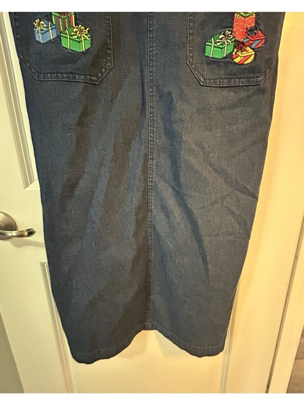 Vintage Christmas Dress Size Petite Medium Jean Denim Embroidered Midi Tacky Fun - Picture 6 of 13